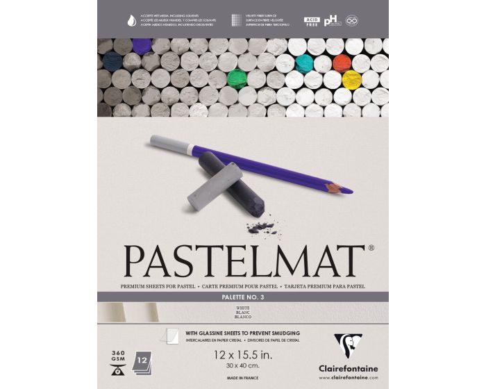 Exaclair B2B Clairefontaine Pastelmat Glued Pad - Palette No. 3 - (12 x 15  3/4 Inches) 30 x 40 cm - 360g - 12 Sheets - White